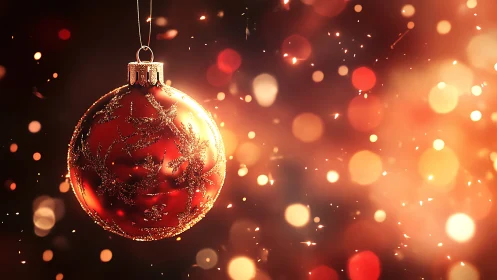 Red glass bauble glows against warm festive bokeh background