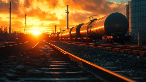 Sunlit tank train glides through an industrial ember dusk.