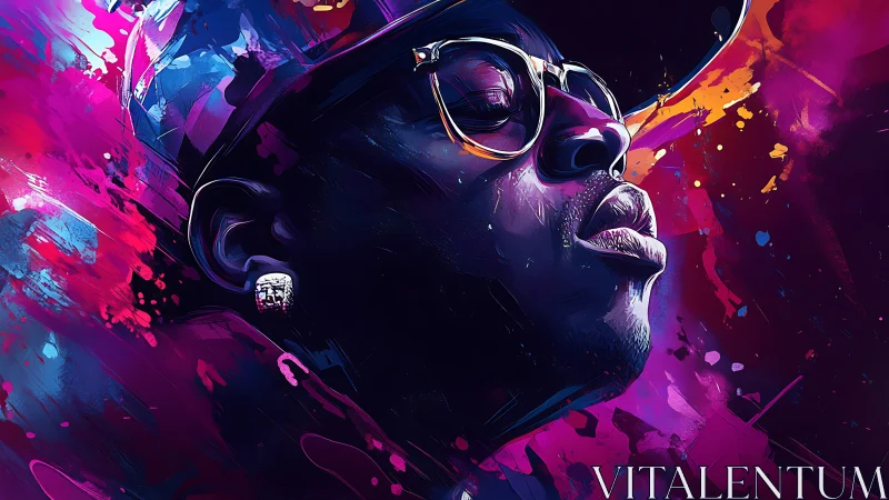 Neon portrait of man in glasses amid vivid color bursts.