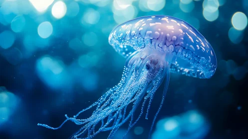 Luminous jellyfish drifting through ethereal blue bokeh.
