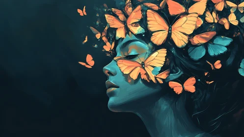 Woman profile with orange butterflies surrounding closed eyes