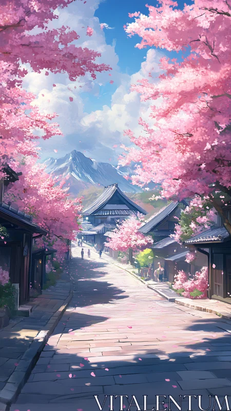 Cherry blossom street leads toward distant snowcapped mountain