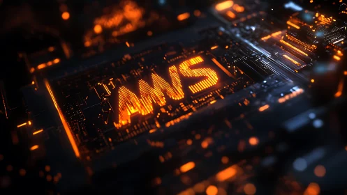AWS lettering integrated into illuminated circuit board surface.