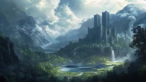 Mountain fortress complex rises above misted forest basin
