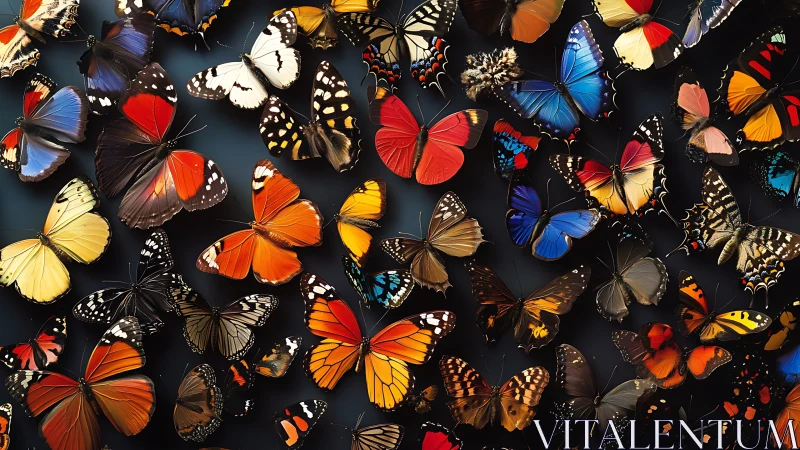 Multiple butterfly specimens are arranged against a dark surface