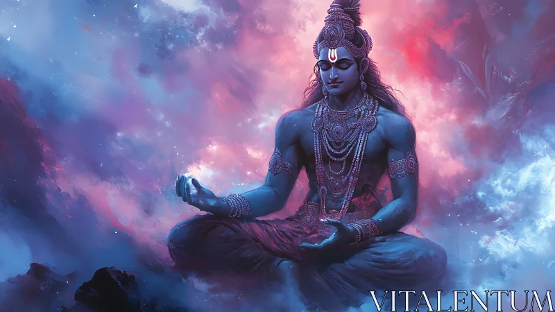 Blue-skinned seated figure meditates in a nebulous space