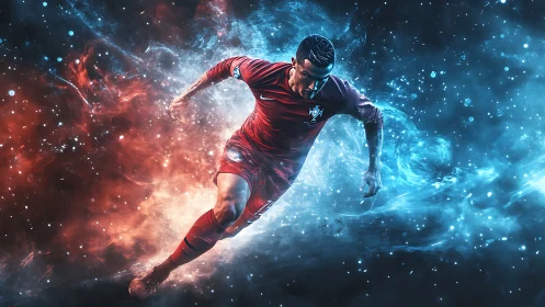 Dynamic soccer player charging through red and blue energy.