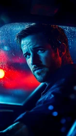 Moody driver portrait in neon blue red bokeh through wet window