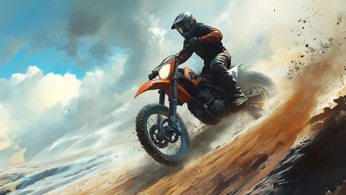 Motocross rider carves desert ridge under stormy sky.