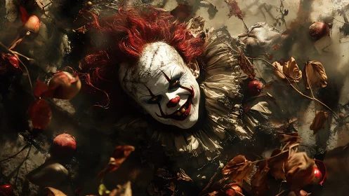Clown face emerges from ground amid decayed leaves and apples
