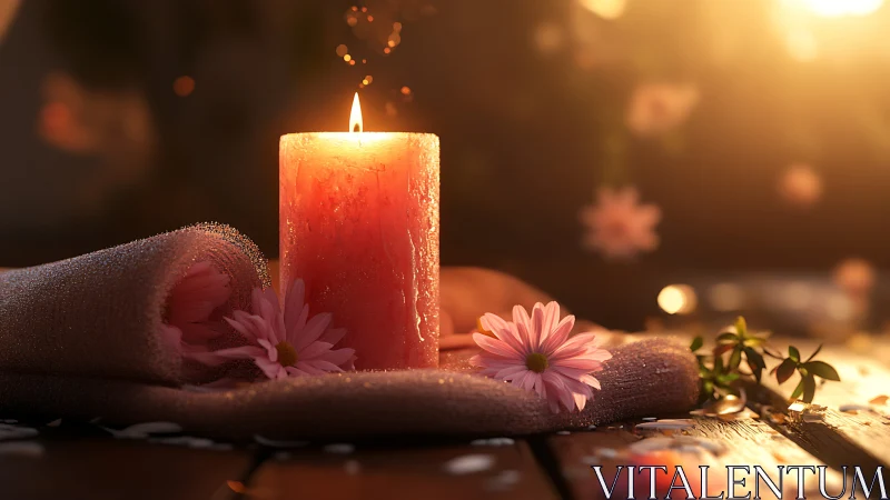 Spa candle glows beside pink daisies in warm sunset light.