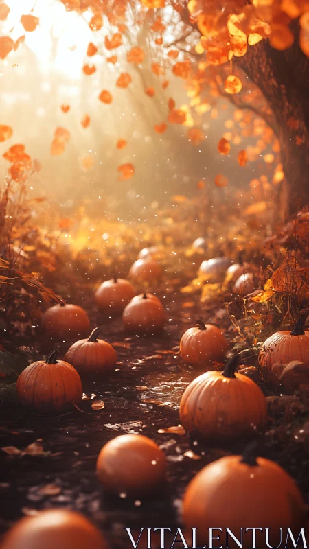 Autumn pumpkin stream under glowing backlit foliage canopy.