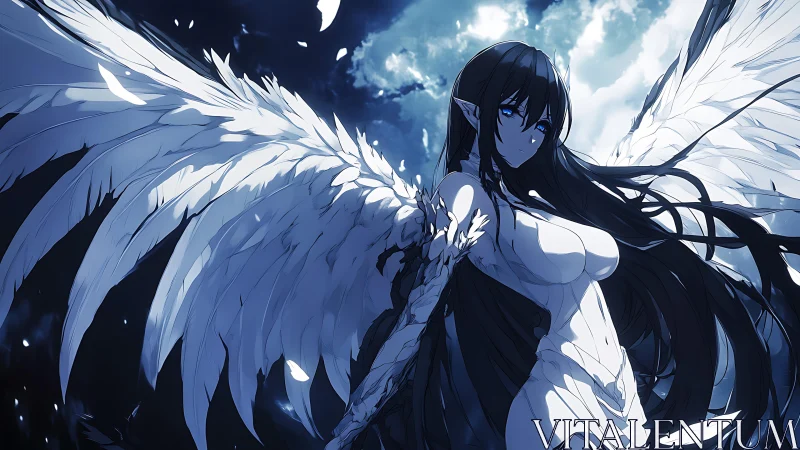 Moonlit winged guardian stands poised in a stormy sky