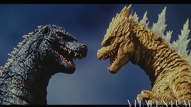 Two opposing reptilian kaiju models confront each other closely
