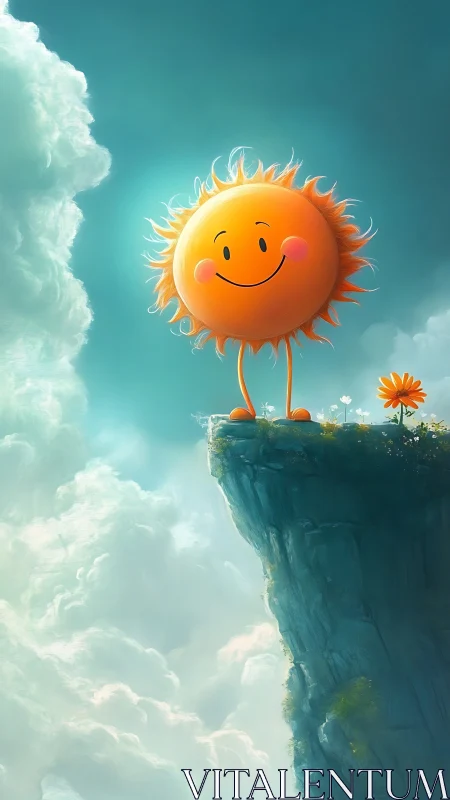 Smiling cartoon sun stands on bright cliff above clouds.