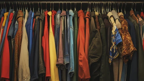 Assorted clothing hangers displaying layered garments in varied earth and jewel tones