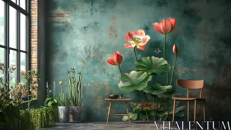 Coral Lotus Whispers Against Weathered Turquoise Dreams