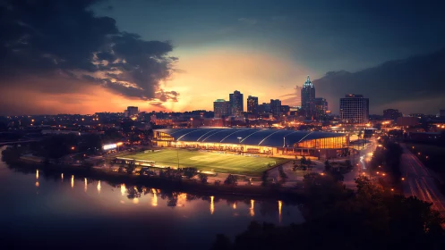 Golden-hour city stadium glowing beside a calm river.