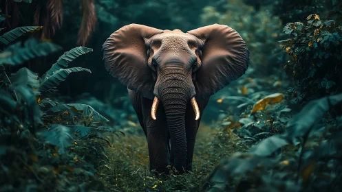 Elephant on narrow forest path framed by dense foliage.