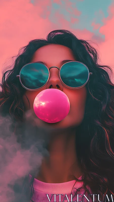 Chromatic portrait isolates gum sphere, teal lenses, vapor gradients