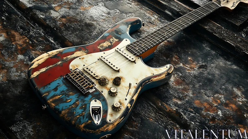 Relic-style electric guitar on worn textured metal surface.