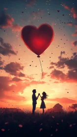 A Couple Beneath Love's Glowing Heart Balloon at Sunset