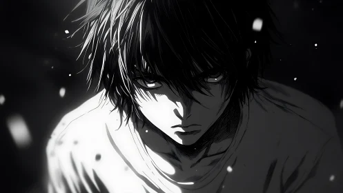 Monochrome anime portrait of young male with downward gaze.