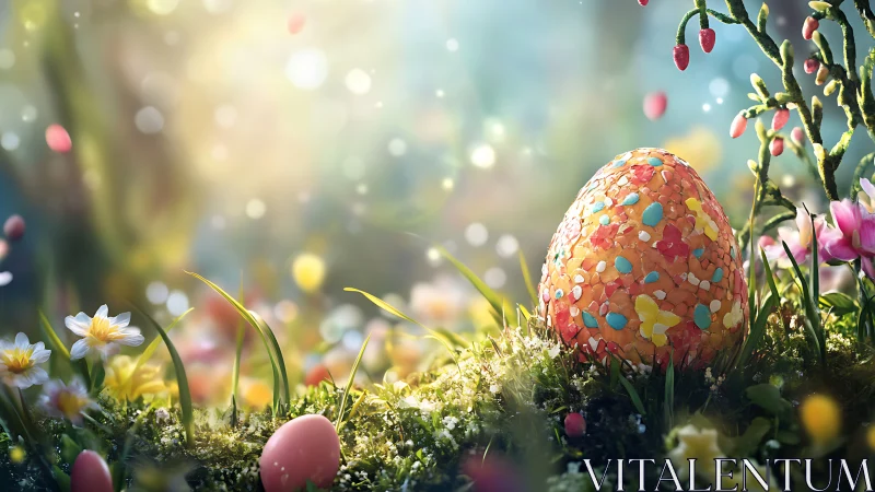 Candy mosaic egg glows in a dreamy spring meadow hush.