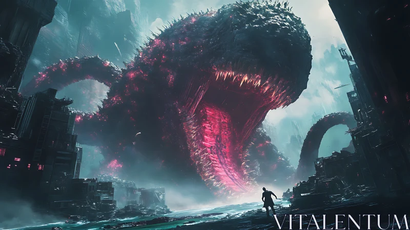 Colossal tentacled creature amid ruined futuristic cityscape.