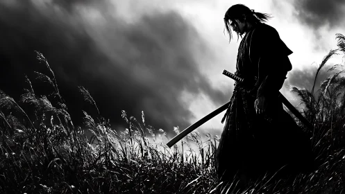 Stormlit ronin pauses in silver grass before the unseen war.