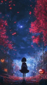 Nocturnal Halloween streetscape under crimson foliage canopy.