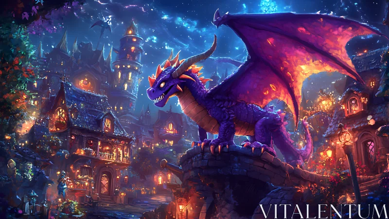 Vibrant purple dragon guarding glowing fantasy village at night.