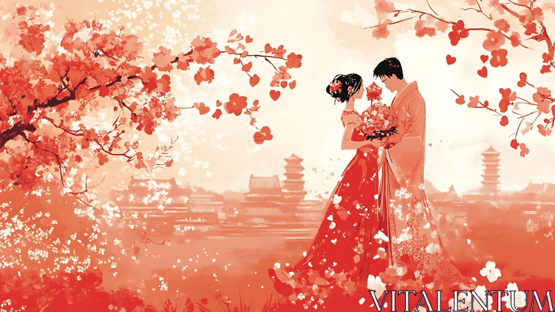 Traditional Chinese Wedding Couple in Spring Blossoms.