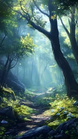 Luminescent Forest Path: Atmospheric Woodland Through Ancient Curved Trees