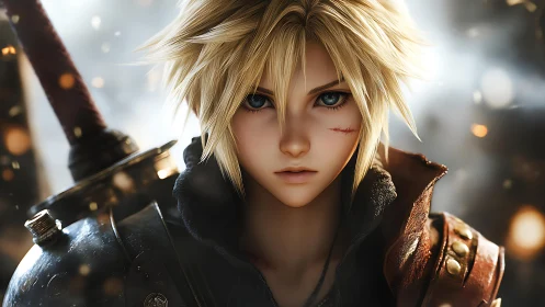 Blond warrior portrait holds massive sword in soft focus