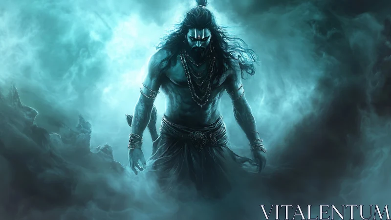 Storm-veiled warrior god strides from turquoise oblivion.