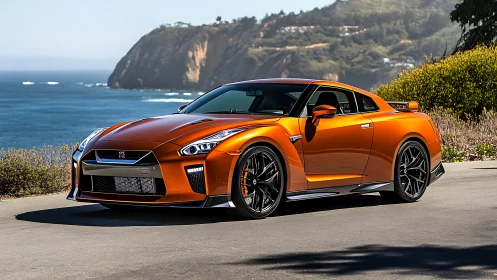 Aerodynamic orange sports coupe parked on coastal cliff road in daylight