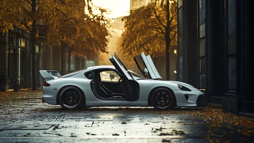White sports coupe with scissor doors in cinematic autumn street