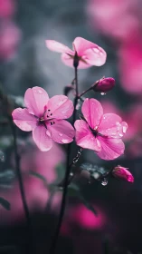 Pink blooms with water droplets reveal botanical detail through selective focus.