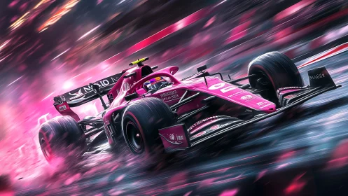 Magenta Formula racer slicing wet circuit in neon motion blur.