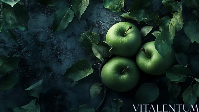 Glowing green apples resting softly among shadowed leaves.