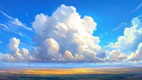 Sunlit cumulonimbus tower over luminous summer plains.