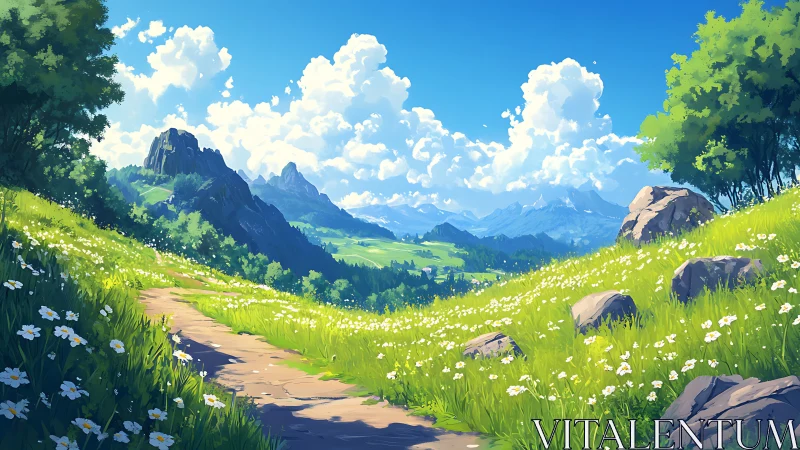 Sunlit alpine meadow path with daisies and distant peaks