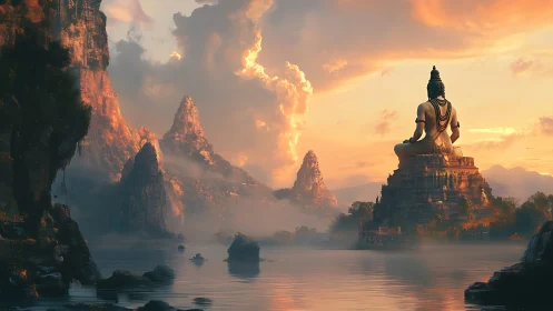 Serene river valley with monumental seated deity statue.