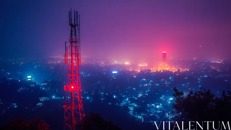 Red telecom tower over neon city in dense night fog.