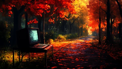 Retro computer glowing in vivid digital autumn forest scene.