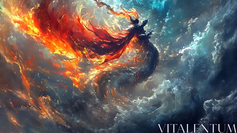 Fire and storm spirit dancing across a swirling sky.