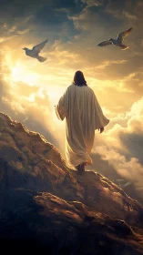 Figure in robe walks on rocky ridge under illuminated clouds