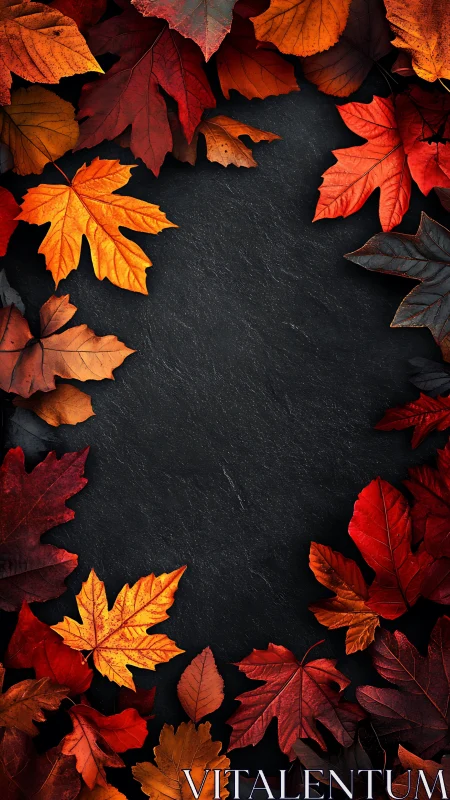 Autumn maple leaves frame dark stone background beautifully.