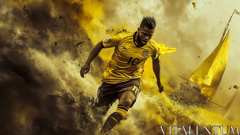 Dynamic footballer sprints through golden storm of energy
